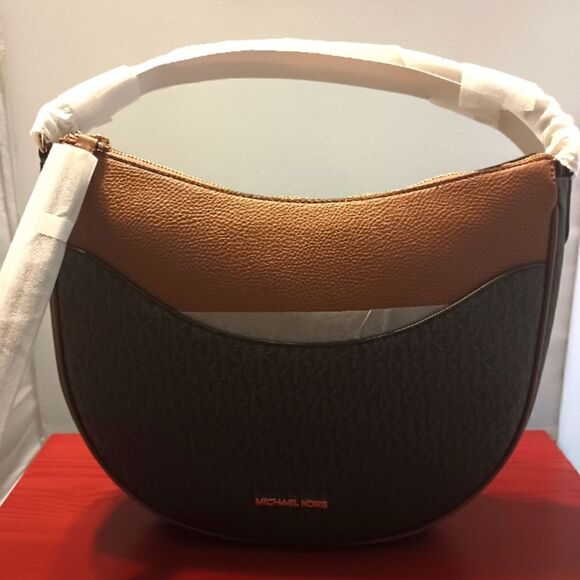 👑👜🔥MK MICHAEL KORS DOVER LG HALF-MOON HOBO PEBBLED LEATHER SHOULDER BAG POPPY - Picture 1 of 10